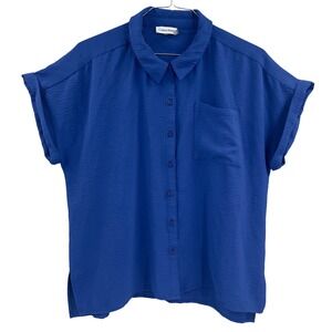 Calvin Klein Women Royal Blue‎ Textured Short Sleeve Button Down Shirt XL